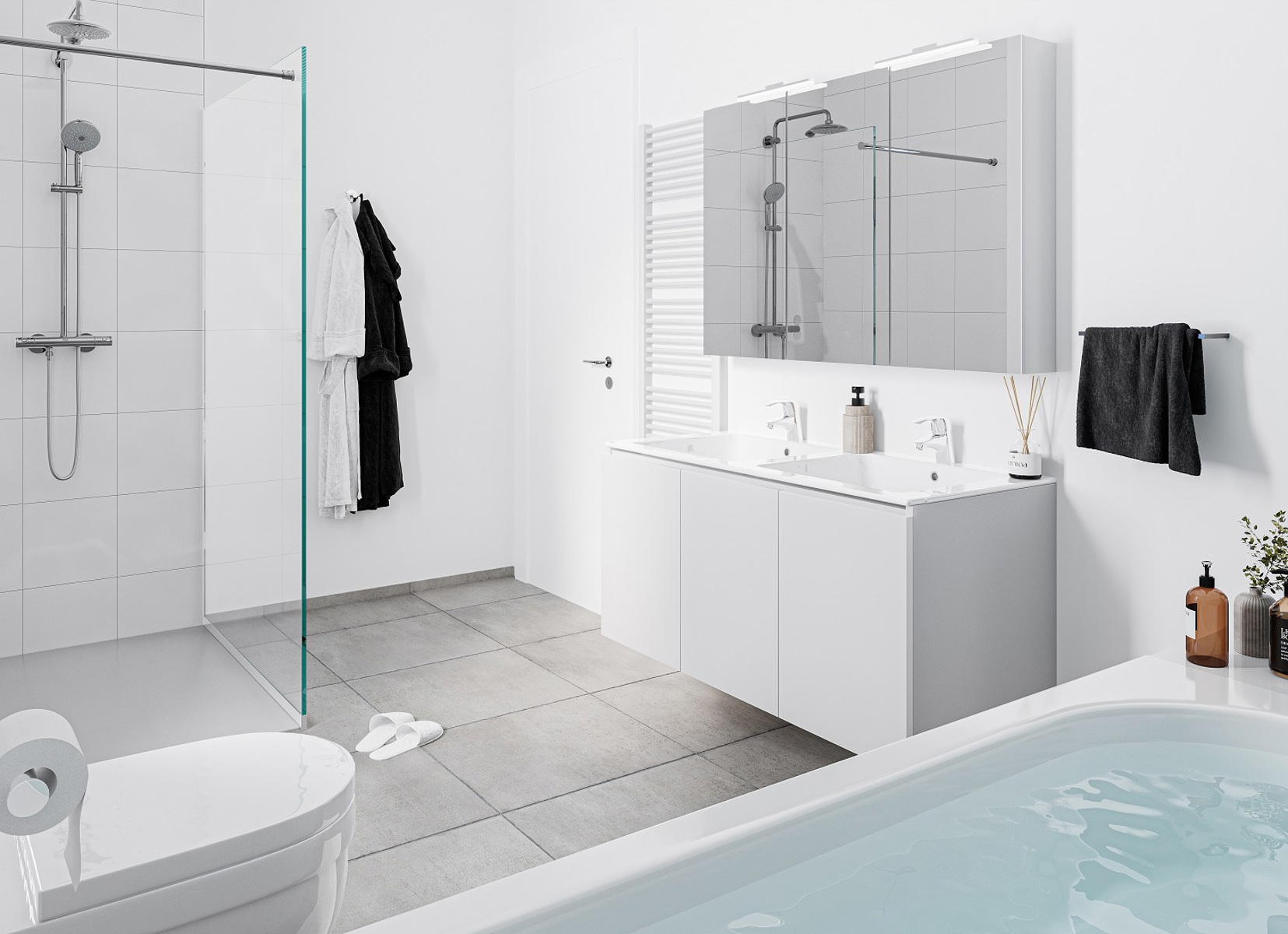 Badkamer met inloopdouche, ligbad en dubbele lavabo
