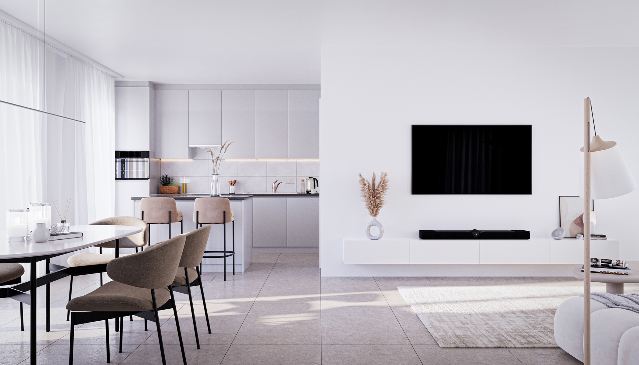 Lichtrijke leefruimte met open keuken